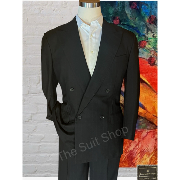 Vtg Ermenegildo Zegna 40R 30x30 Black Subtle Stripe Double Breasted Power Suit - Picture 1 of 16